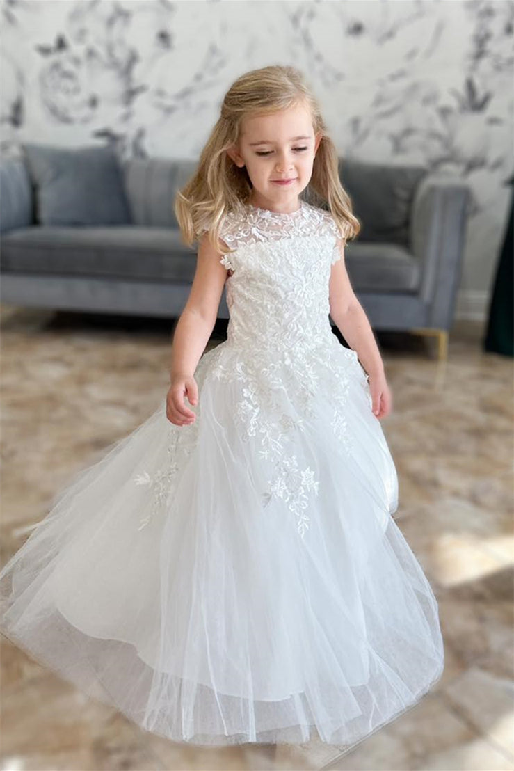 FancyVestido V Back Long Lace and Tulle White Flower Girl Dress with Bow White / CHILD6