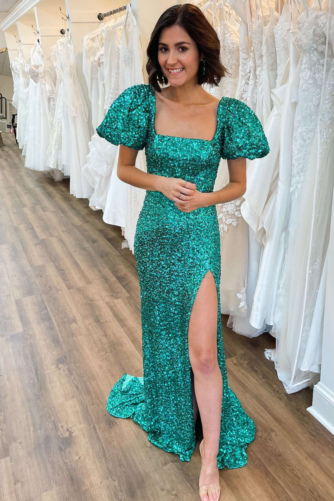 Square Neck Emerald Green Sequin Mermaid Prom Dress Fancyvestido