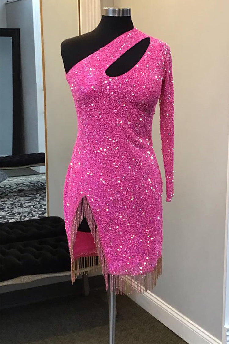 FancyVestido Hot Pink MIRROR-CUT Sequins One Shoulder Long Sleeve Homecoming Dress Blue / US 6