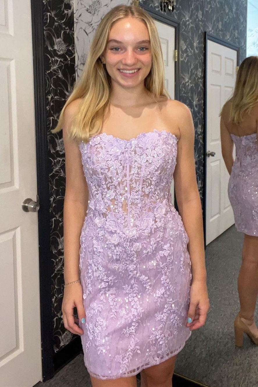 short light purple strapless dress