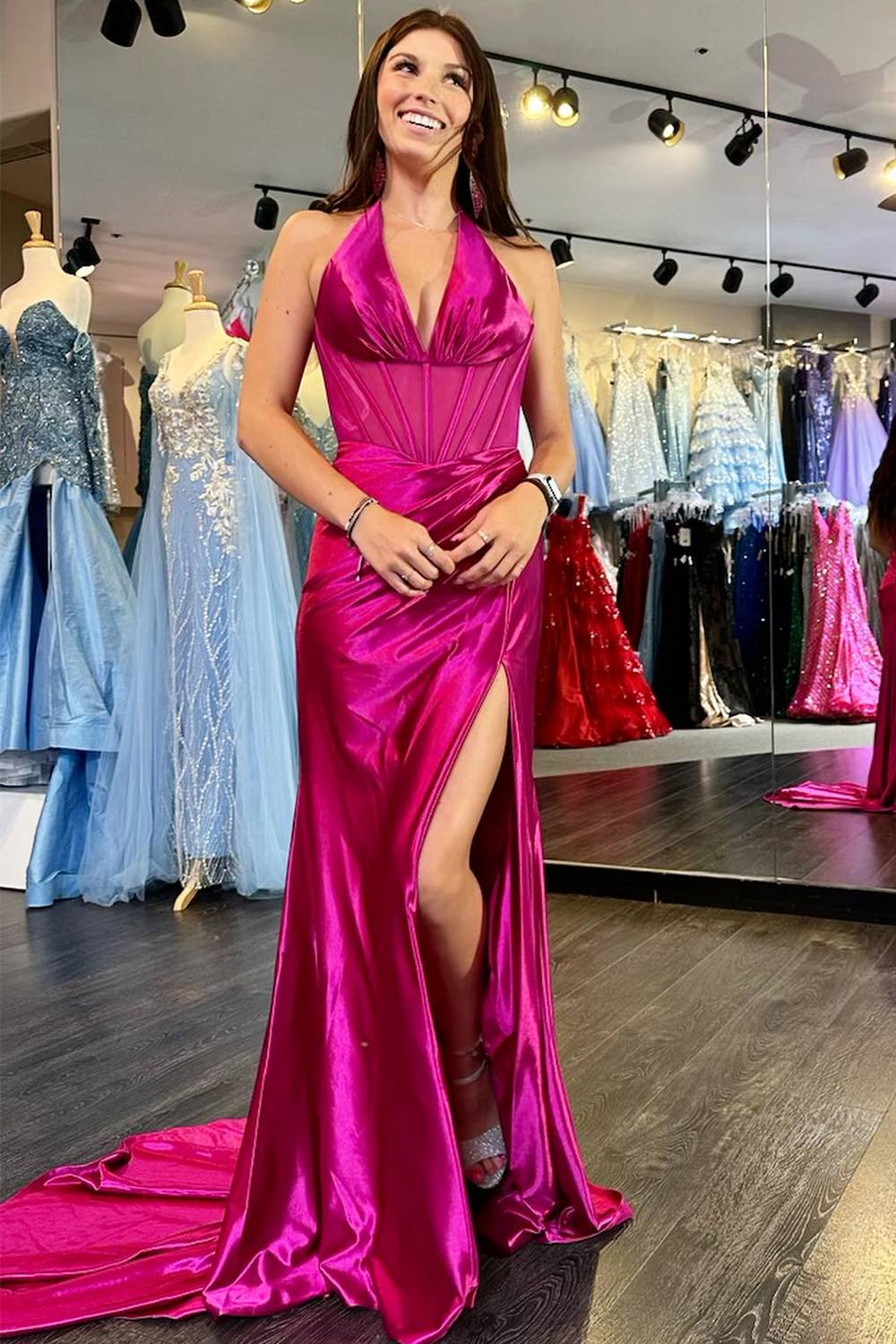 Mermaid Strapless Hot Pink Corset Appliques Long Formal Dress – FancyVestido