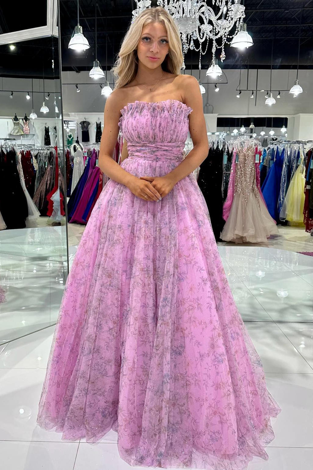 Pink Floral Print Strapless Prom Dresses