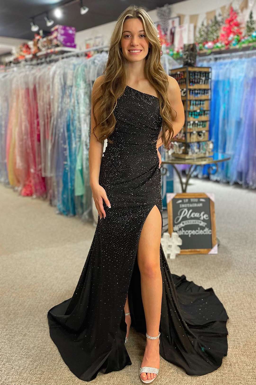 Champagne Sequin One Shoulder Cutout Slit Custom Prom Gown