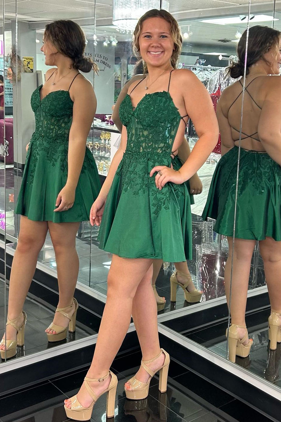 Strap Green Lace Corset Short Party Dress with Pockets – FancyVestido