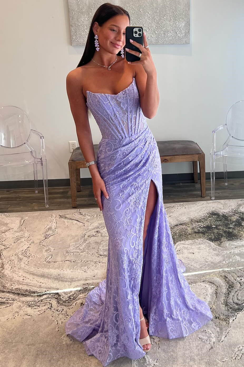 Purple strapless hot sale prom dress