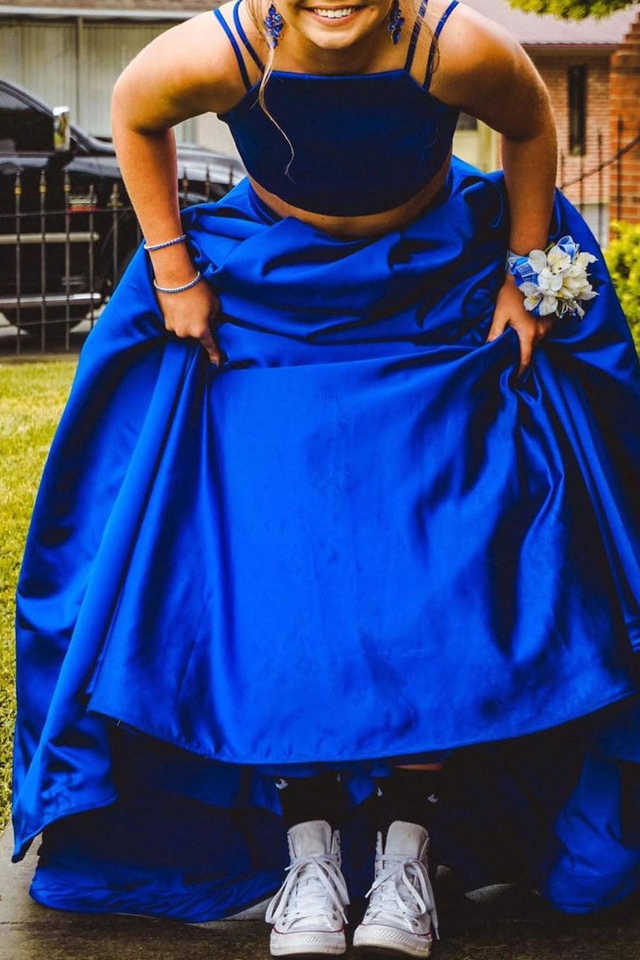 Royal Blue Two Pieces A Line Long Sleeves Appliques Prom Dress With Pockets  – trendtydresses