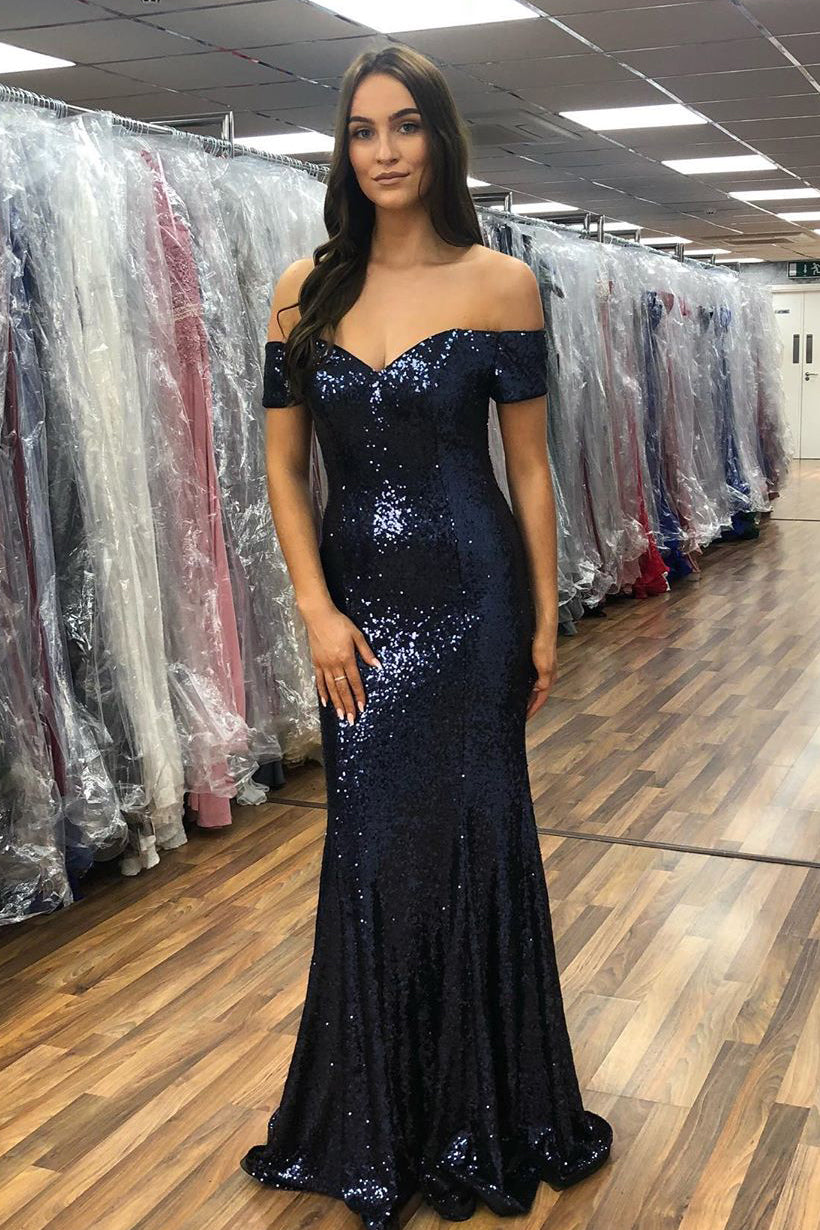 Off the shoulder hotsell navy blue prom dress