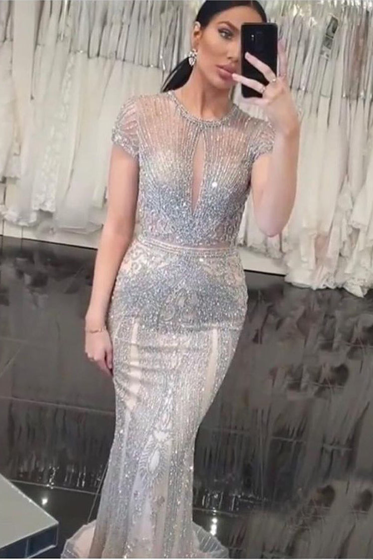 FancyVestido Mermaid V-Neck Silver Long Prom Dress with Open Back US 10 / Picture Color