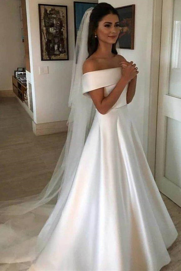 White satin off shoulder wedding dress sale