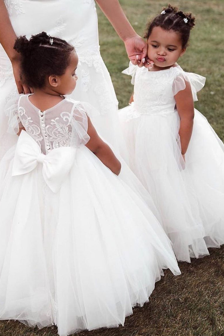 FancyVestido V Back Long Lace and Tulle Flower Girl Dress