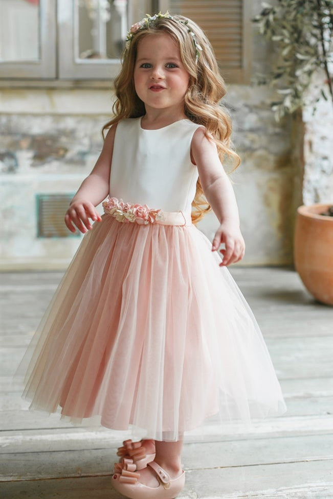 Cute Chic White and Pink Flower Girl Dress with Floral Belt – FancyVestido