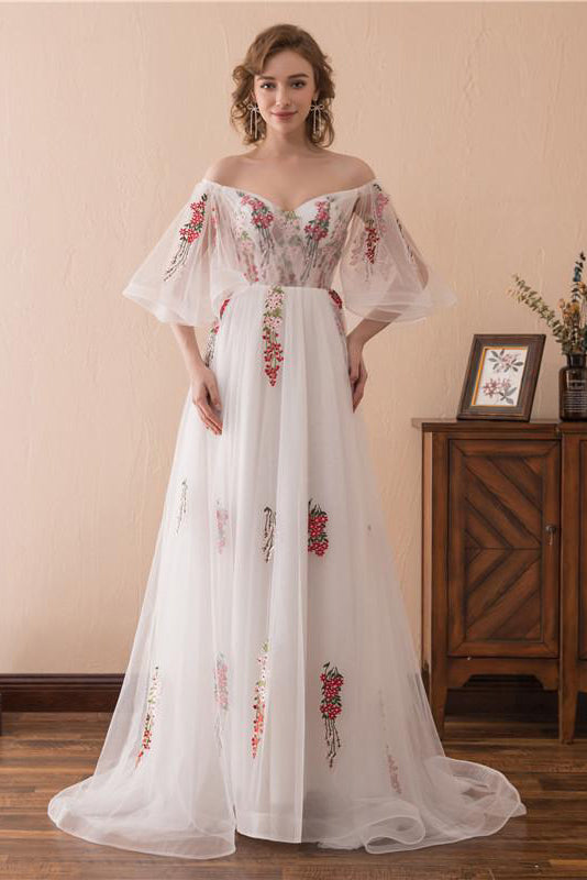 Long Off Shoulder A-line Floral White Wedding Dress with Bell Sleeves –  FancyVestido