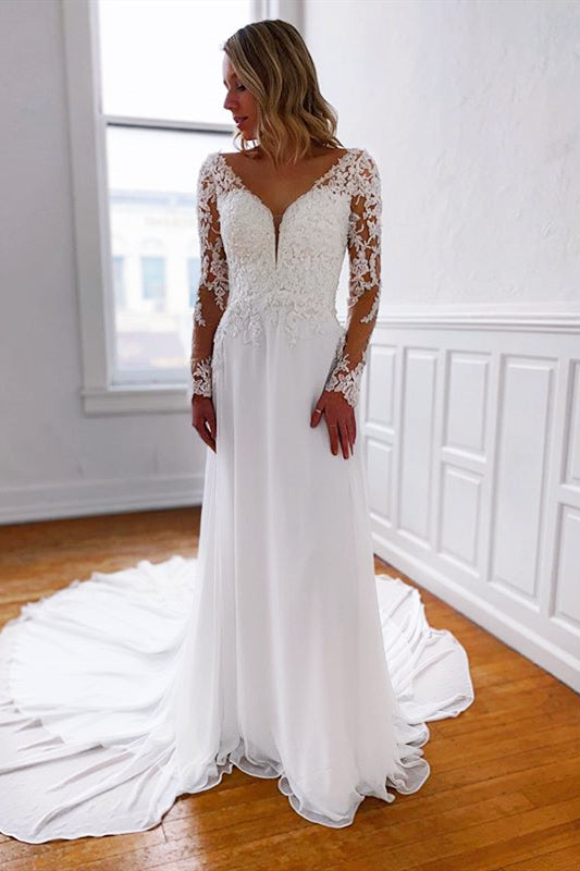 Lace Long Sleeve V-Neck Wedding Dress