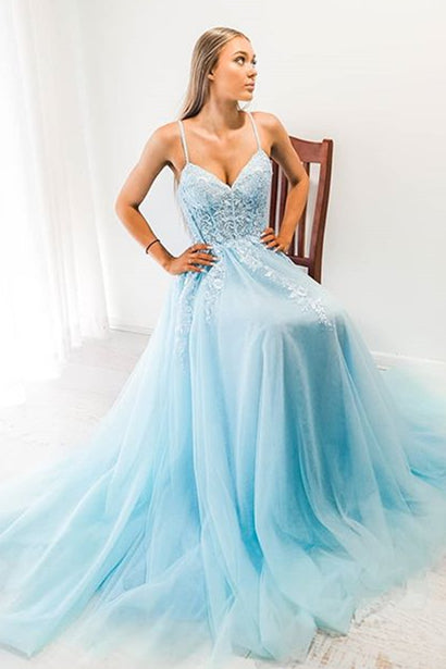 Light Green Spaghetti Strap Prom Dresses A-Line Tulle Evening