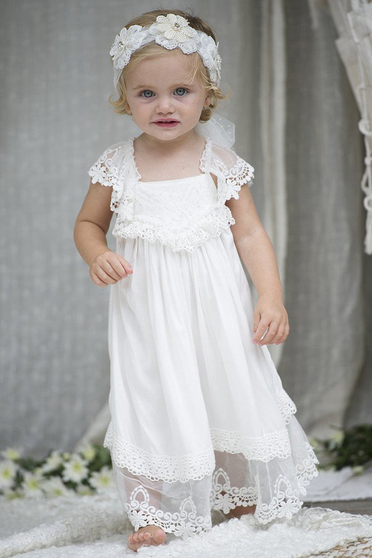 FancyVestido V Back Long Lace and Tulle Flower Girl Dress