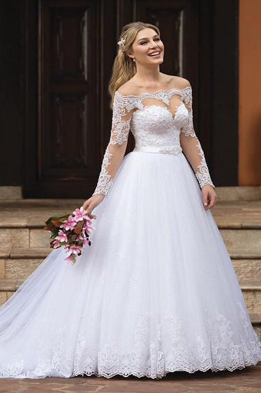 Princess Off Shoulder A-line White Wedding Gown with Blush Lace –  FancyVestido