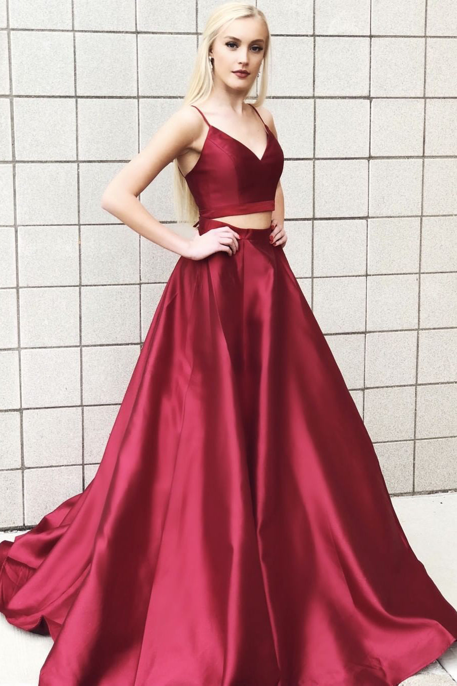 Two piece burgundy outlet prom dress