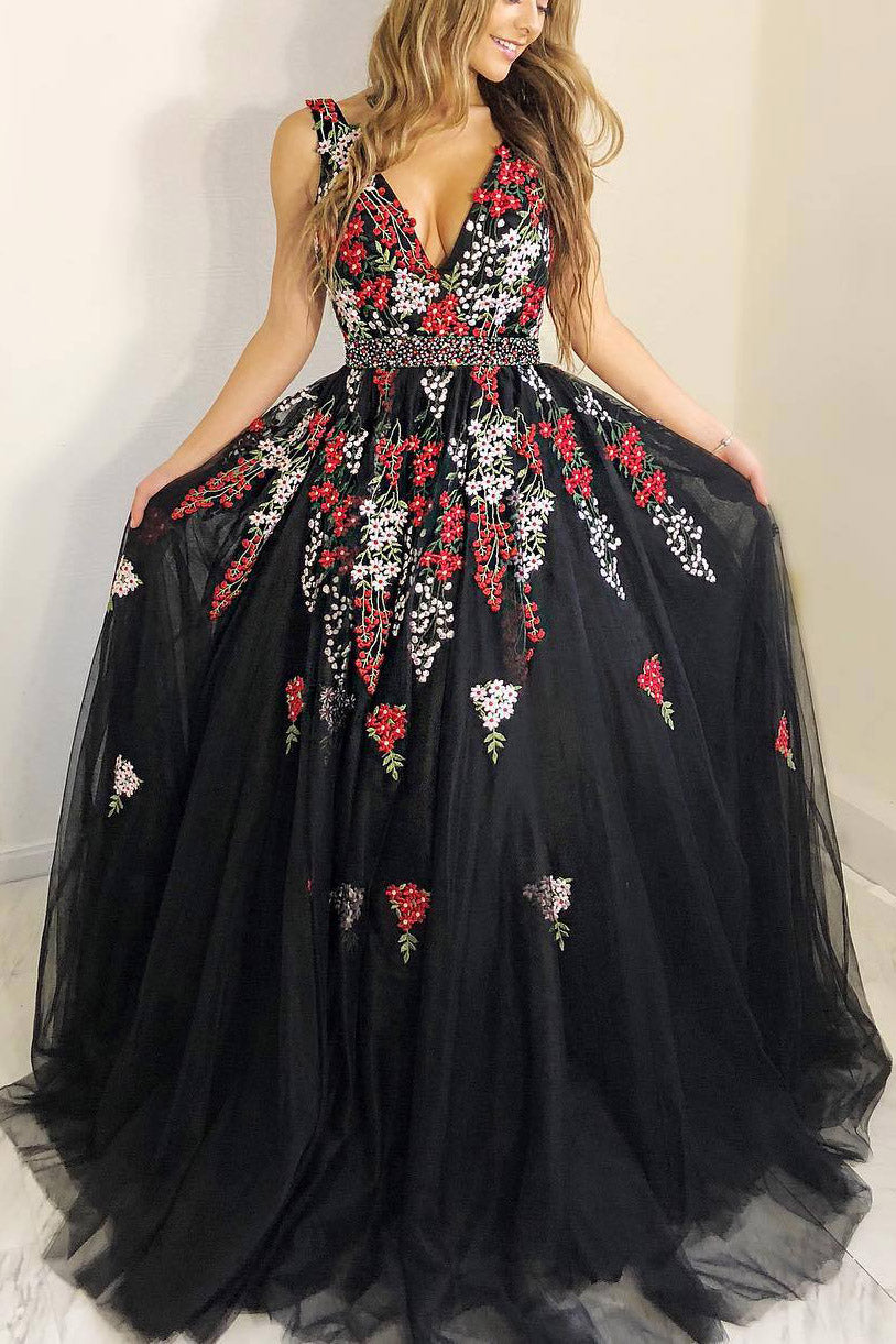 Princess A line Black Long Prom Dress with Embroidery FancyVestido