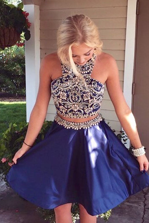 Navy blue two hot sale piece homecoming dress