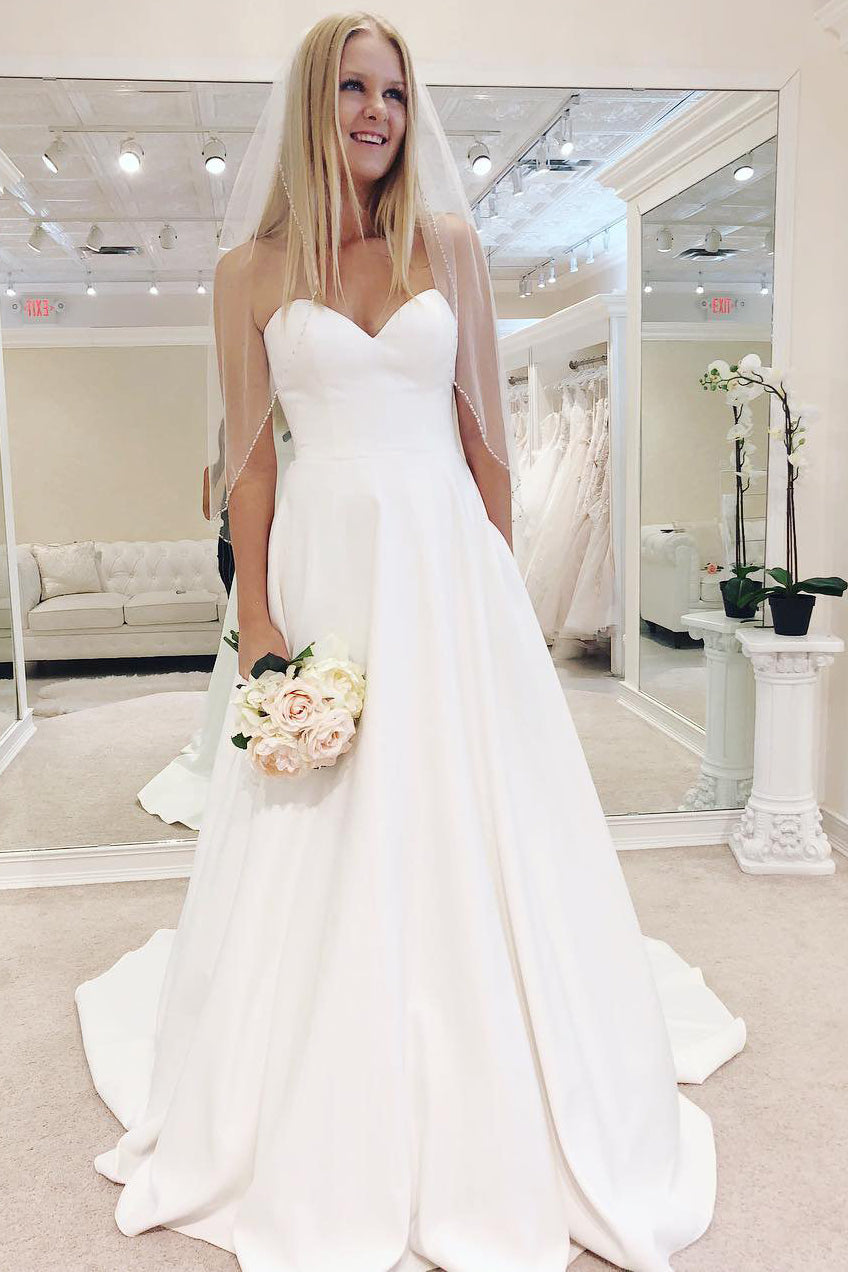 Simple Long Sweetheart A-line White Bridal Dress – FancyVestido