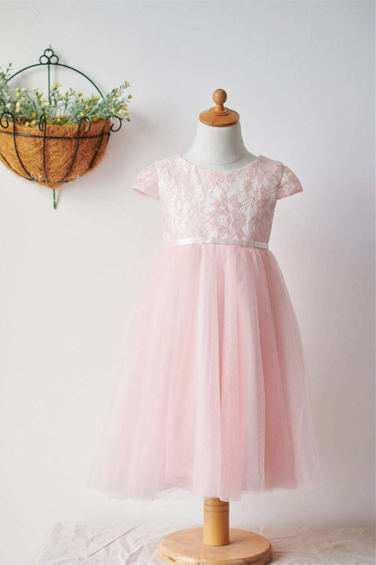 FancyVestido V Back Long Lace and Tulle Flower Girl Dress