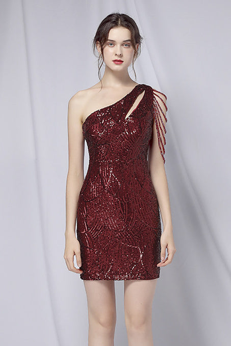 FancyVestido One Shoulder Burgundy Beaded Short Homecoming Dress Black / L