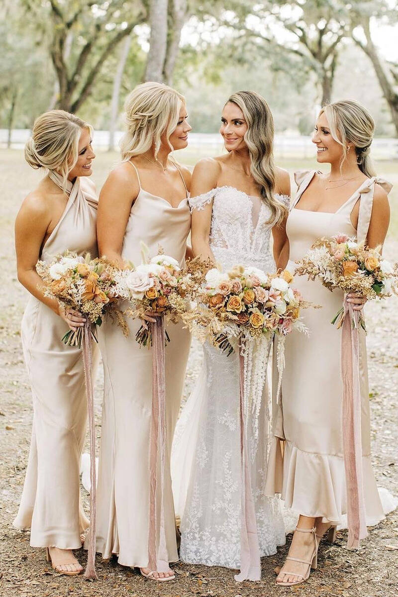 mismatched beige bridesmaid dresses