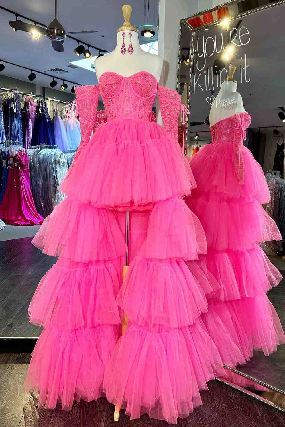 Unique Ruffled Pink Tulle Beaded High-low Prom Gown - VQ