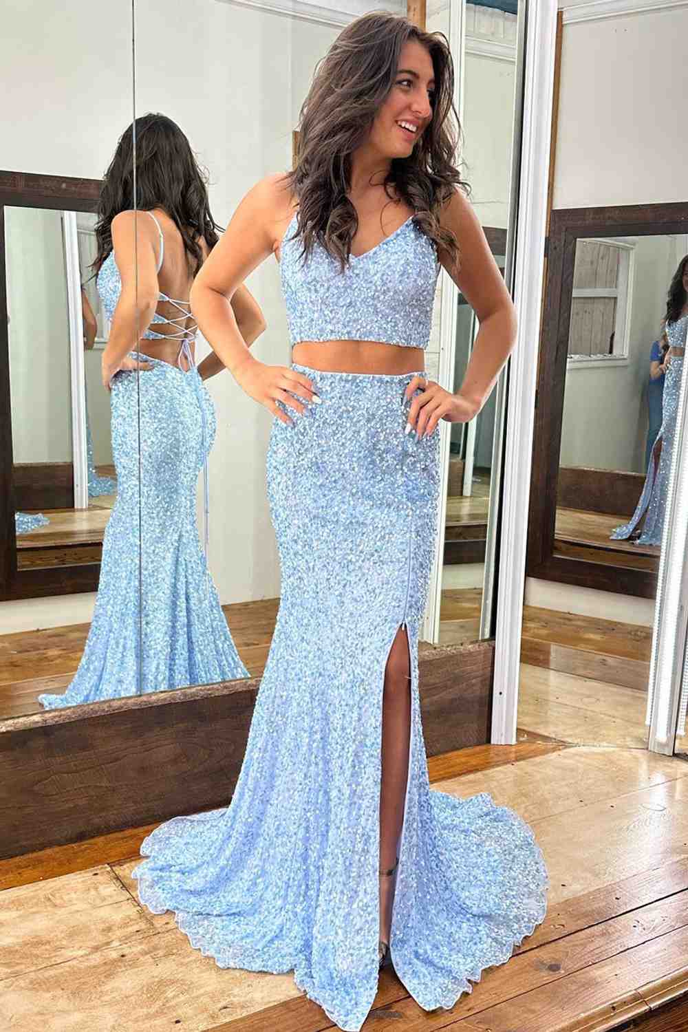 FancyVestido Mermaid V-Neck Silver Long Prom Dress with Open Back US 10 / Picture Color