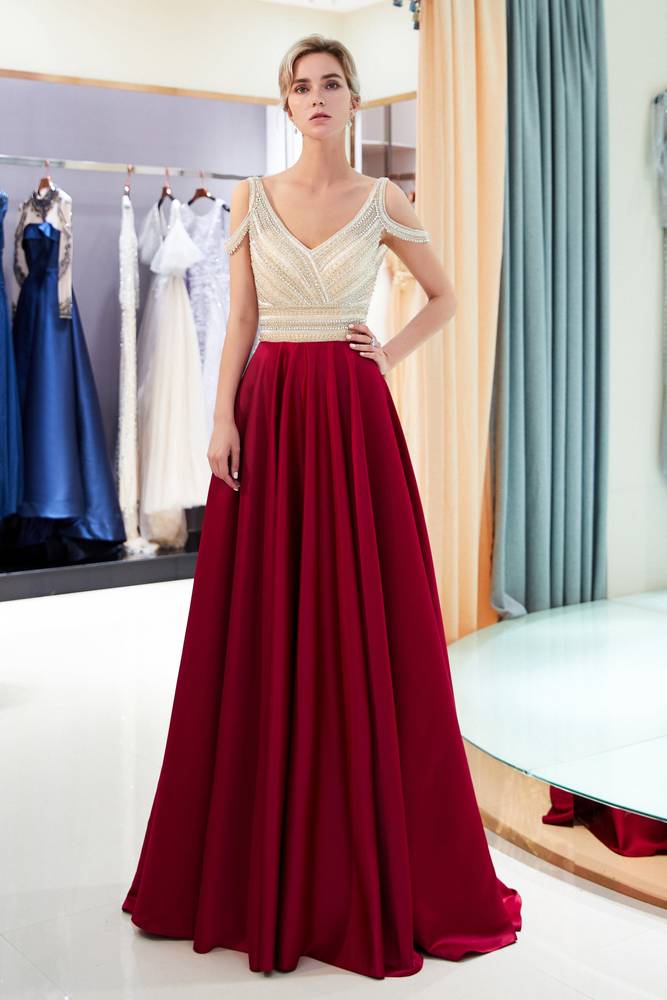 Cold Shoulder Beading V-Back Long Burgundy Prom Dress