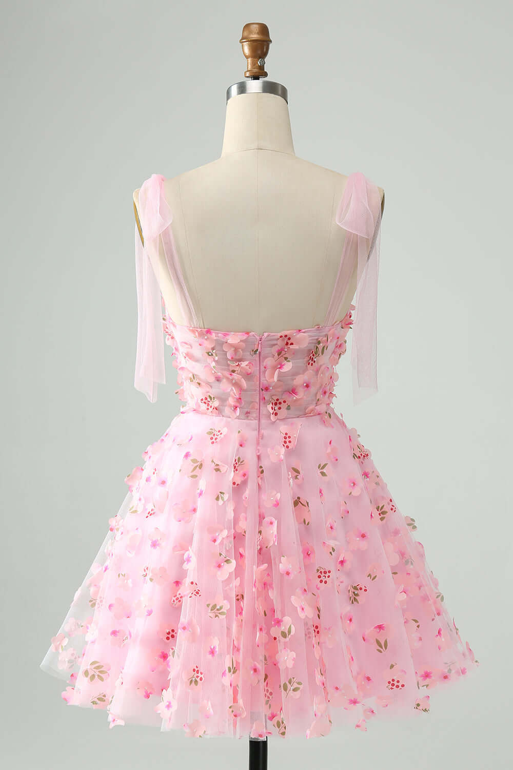 Pink Tie Straps Corset 3D Floral Short Homecoming Dress 