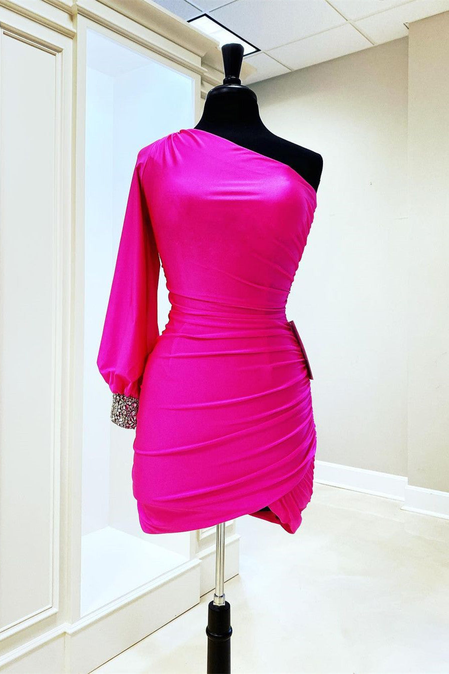 Short Hot Pink One Shoulder Long Sleeve Homecoming Dress – FancyVestido