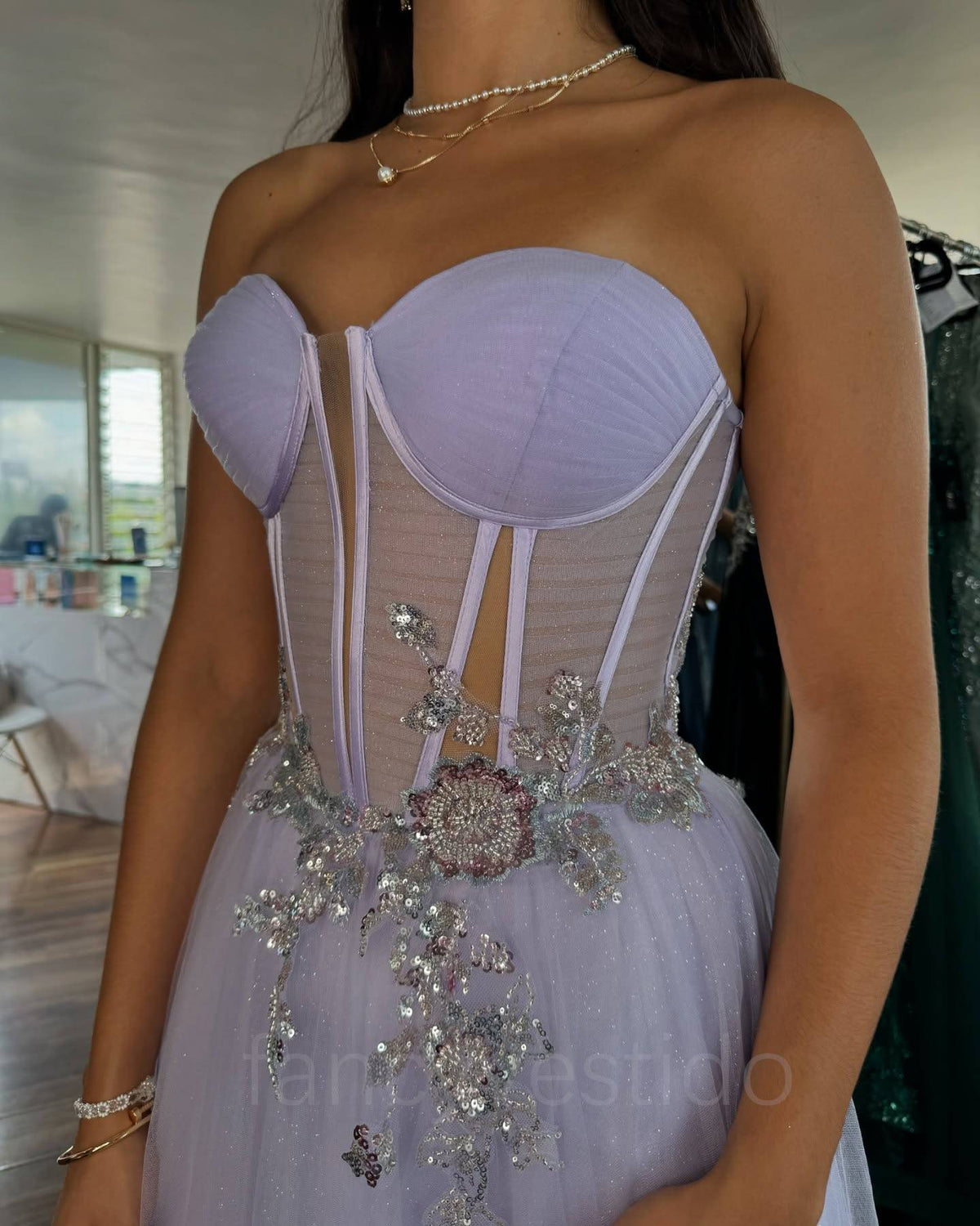 Sweetheart Lavender Applique Tulle Prom Dress