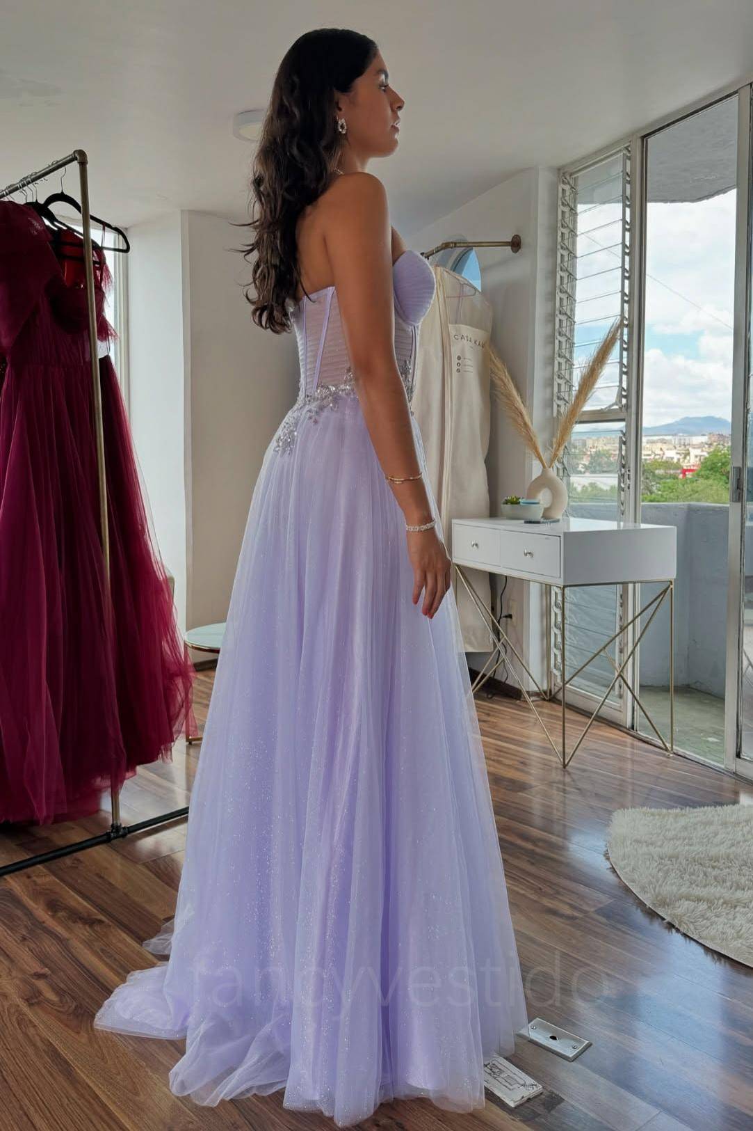 Sweetheart Lavender Applique Tulle Prom Dress