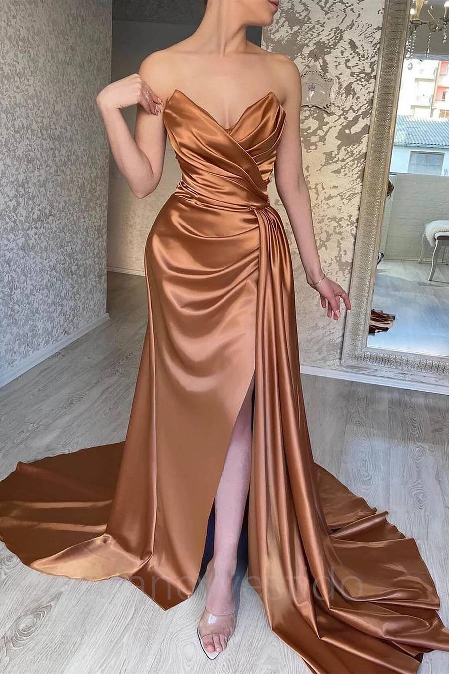 Sexy Strapless Pleated Mermaid Slit Evening Prom Dress