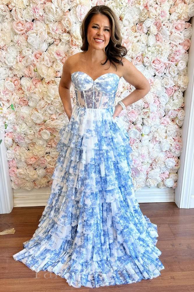 Sweetheart Blue Floral Print Long Tiered Prom Dress