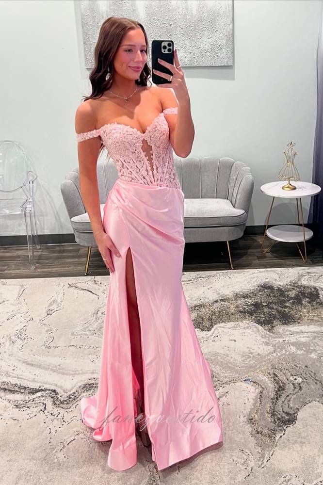 Pink Applique Slit Mermaid Prom Dress with Off Shoulder