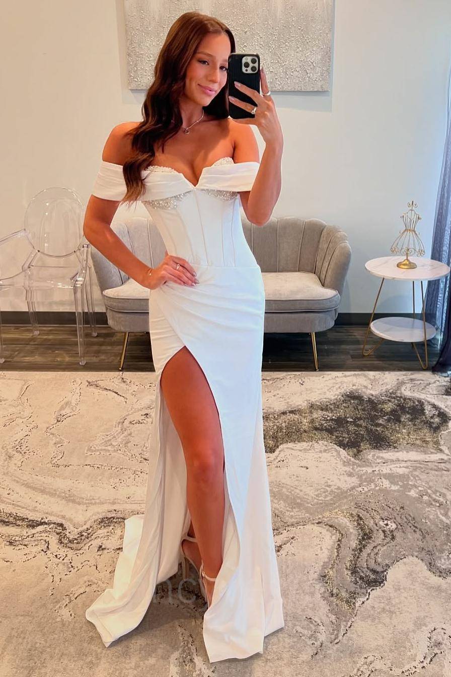 White Beaded Slit Mermaid Prom Dress with Off the Shoulder