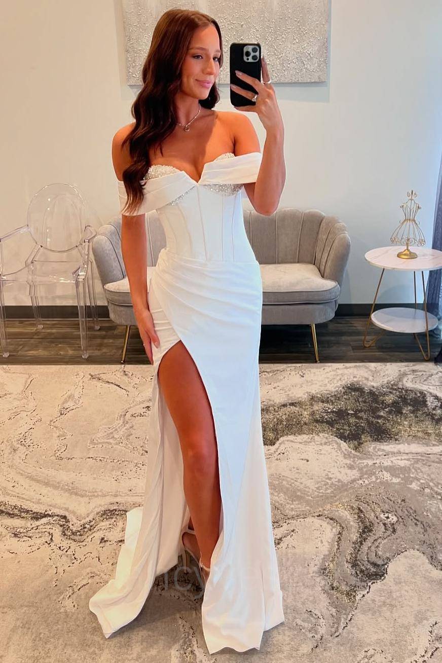 White Beaded Slit Mermaid Prom Dress with Off the Shoulder