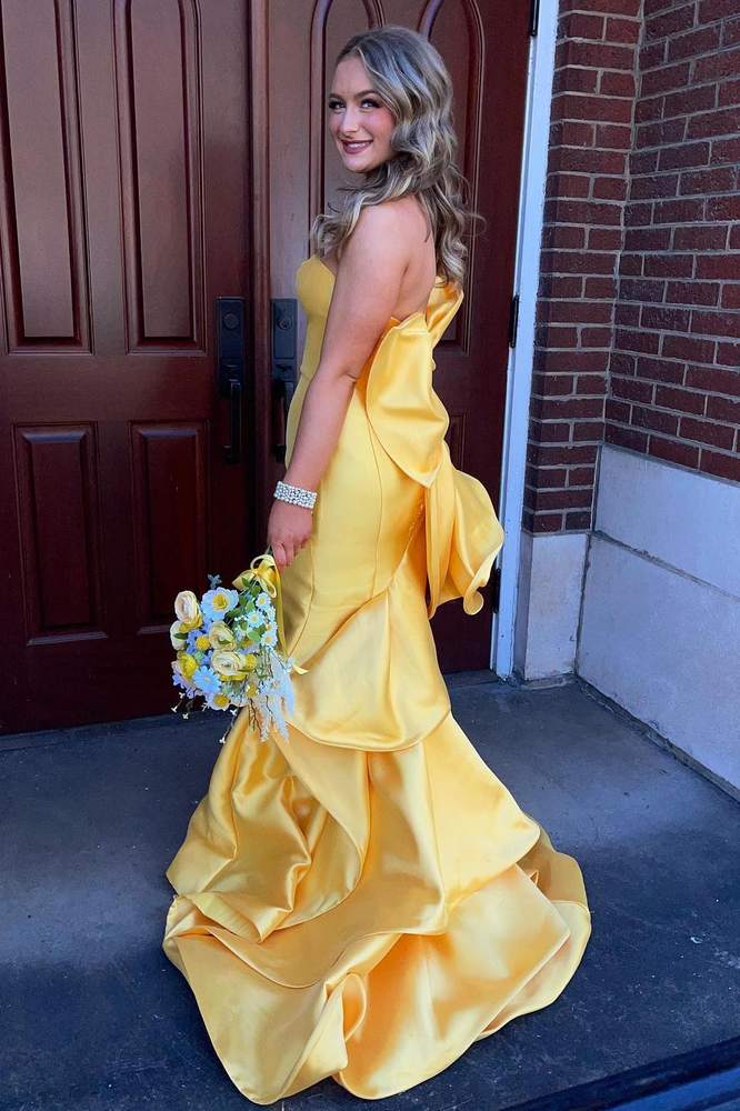 Strapless Yellow Mermaid Prom Dress with Ruffle Back