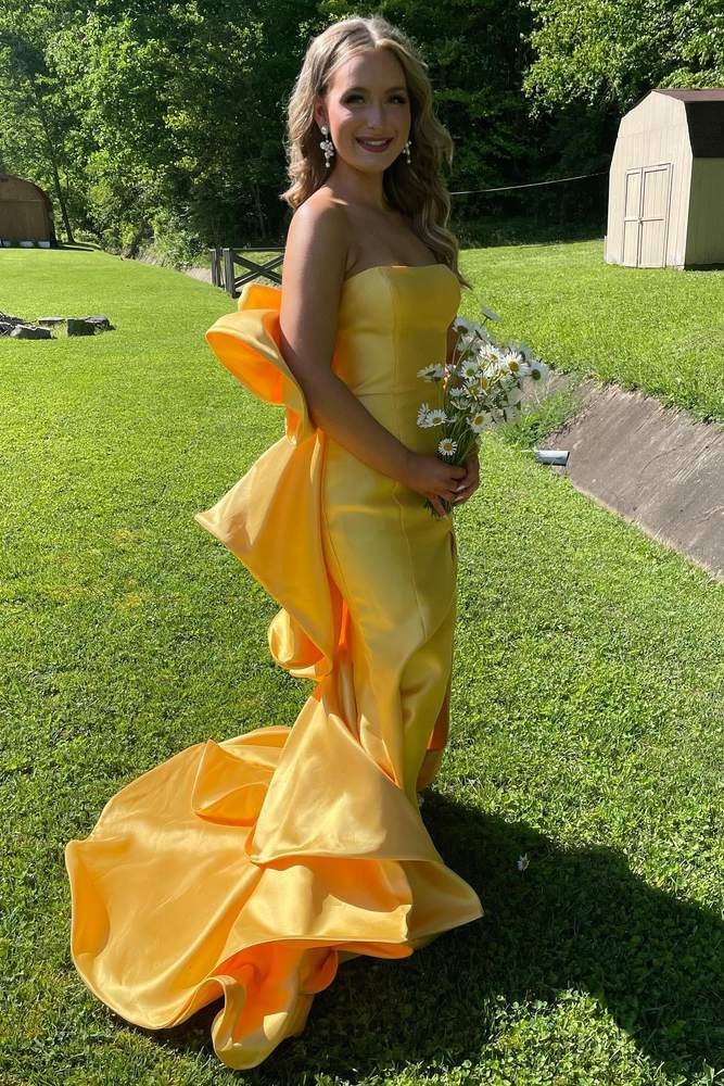 Strapless Yellow Mermaid Prom Dress with Ruffle Back