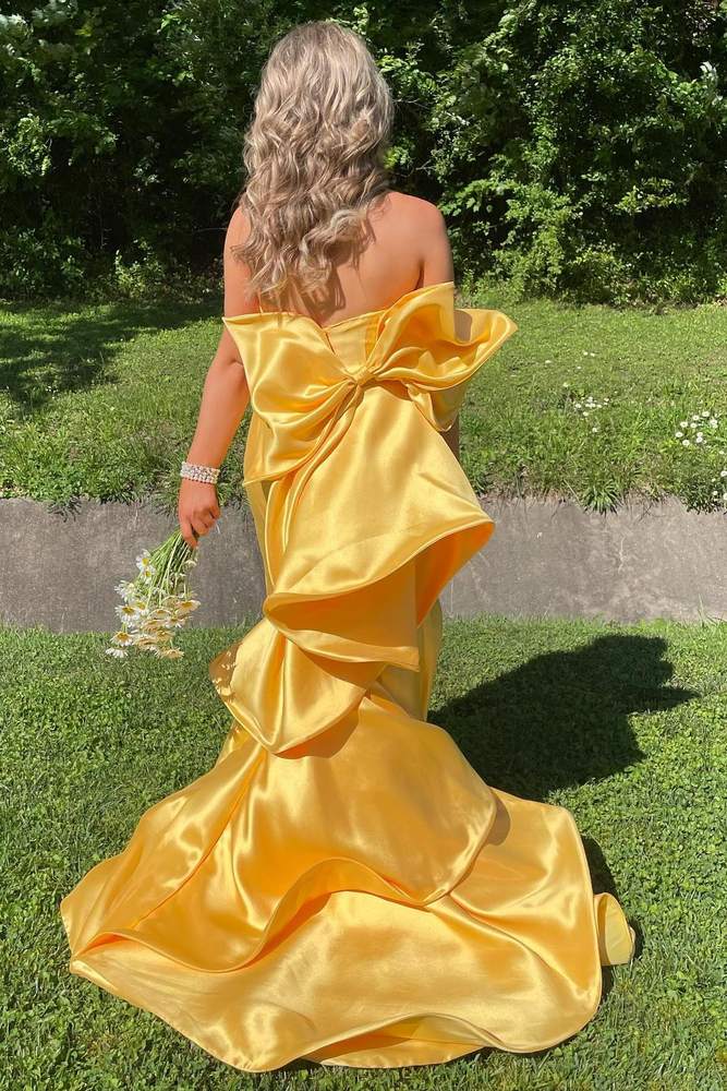 Strapless Yellow Mermaid Prom Dress with Ruffle Back