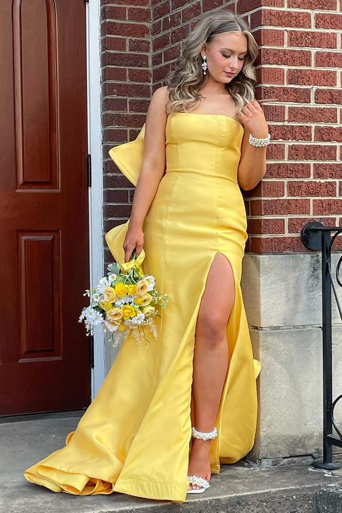 Strapless Yellow Mermaid Prom Dress with Ruffle Back