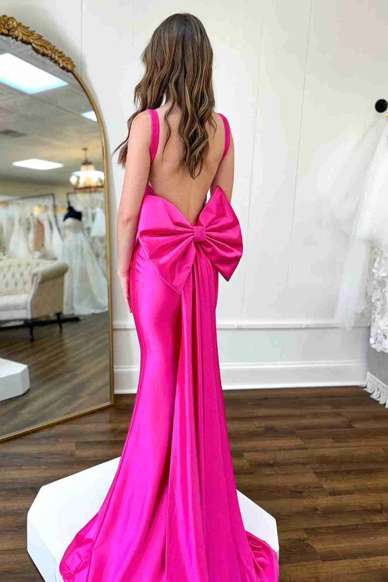 Hot Pink Pleated Mermaid Prom Dress with Bow