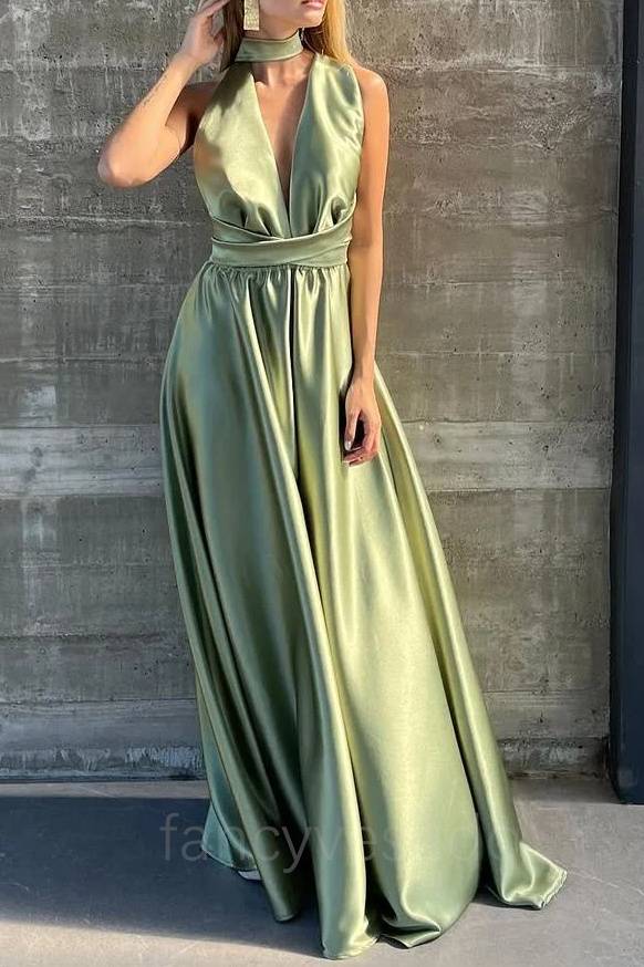 Elegant Plunging Neck Satin Long Formal Dress with Open Back