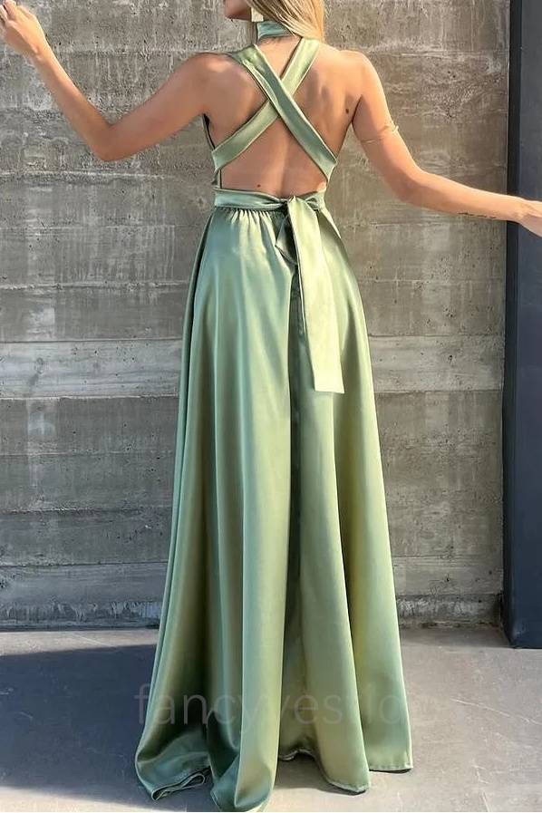 Elegant Plunging Neck Satin Long Formal Dress with Open Back