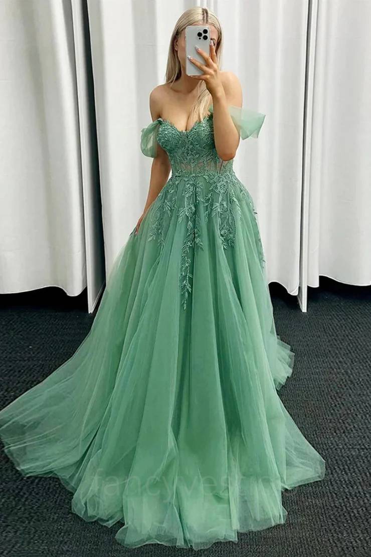 Green Applique A-line Tulle Prom Dress with Off-Shoulder