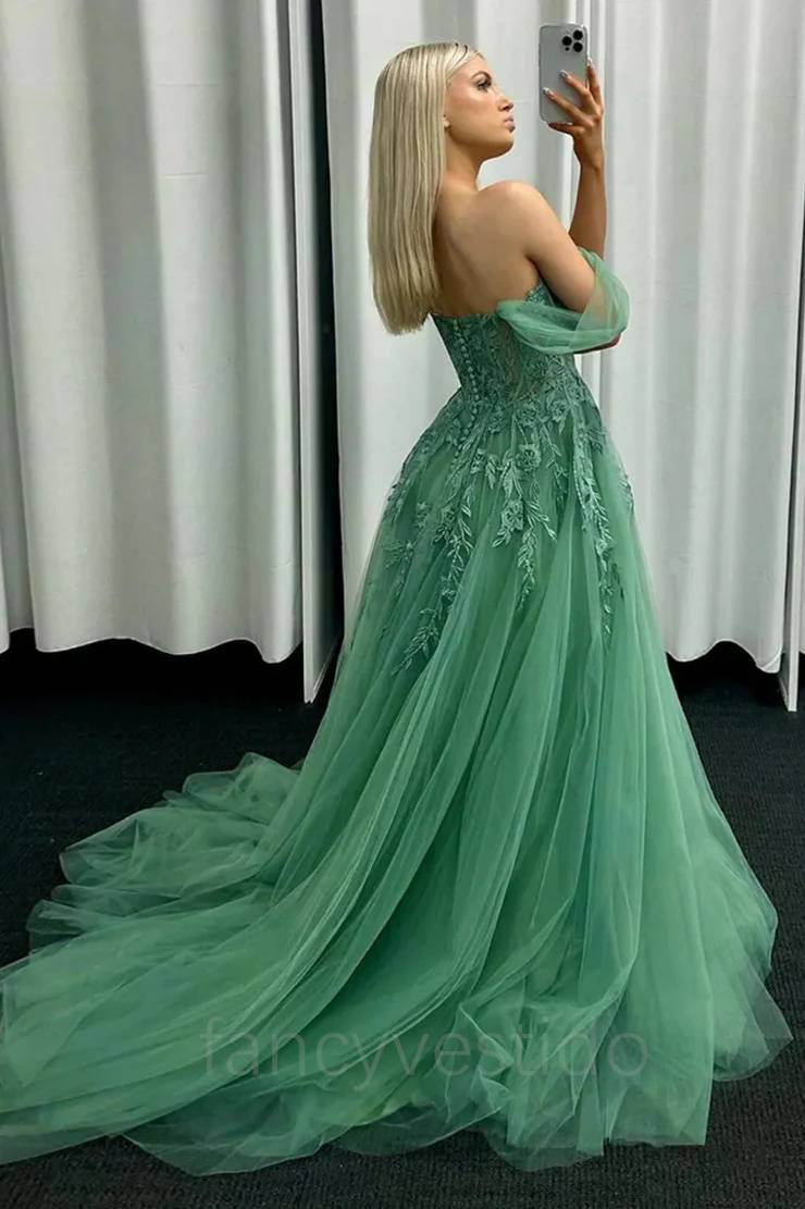 Green Applique A-line Tulle Prom Dress with Off-Shoulder