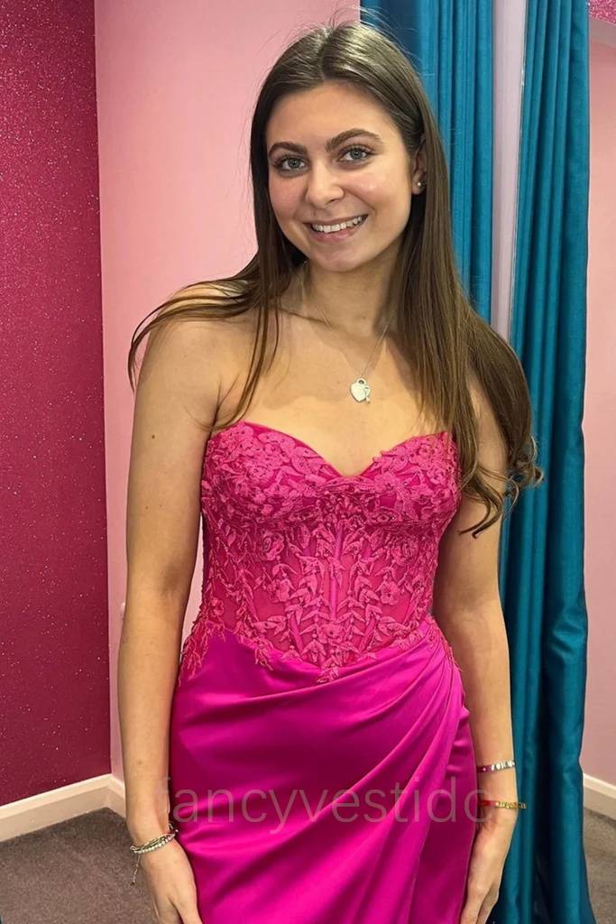 Strapless Fuchsia Applique Mermaid Prom Dresses with Slit