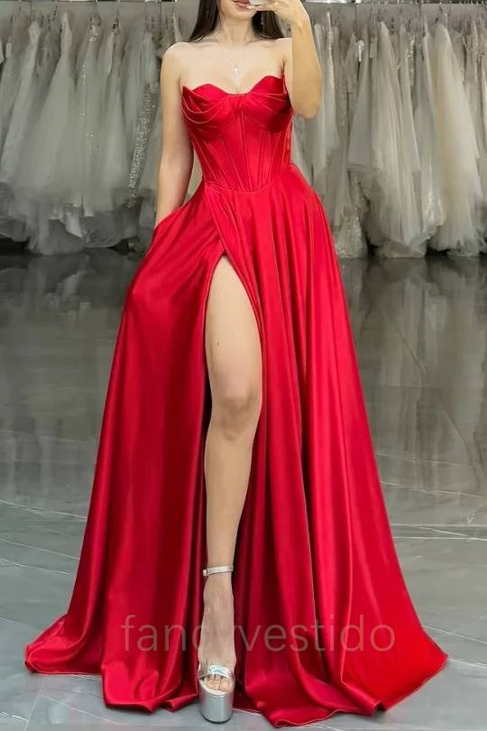 Strapless Corset Satin A-Line Prom Dress with Side Slit